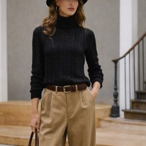 Ralph Lauren black wool cashmere light cable knit turtleneck sweater
